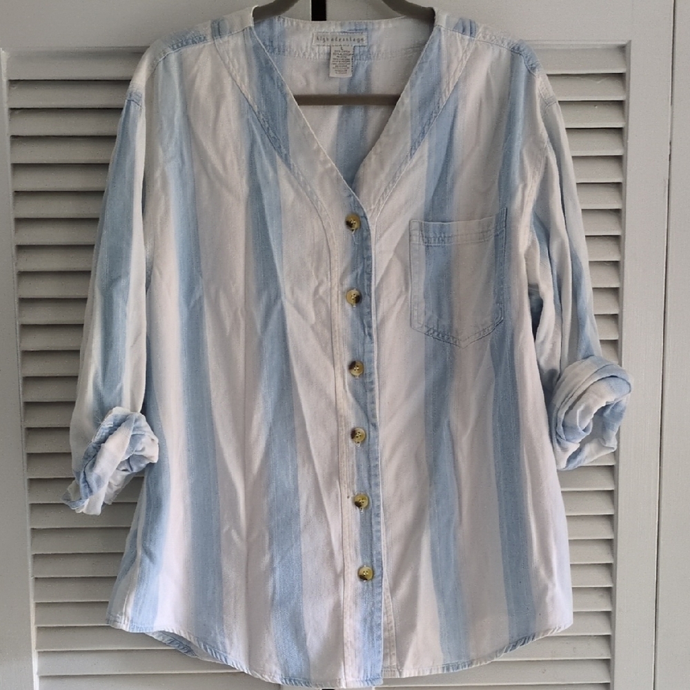 VTG vintage 90s Y2K Striped Chambray V Neck Blouse Shirt Large Beach Coastal
